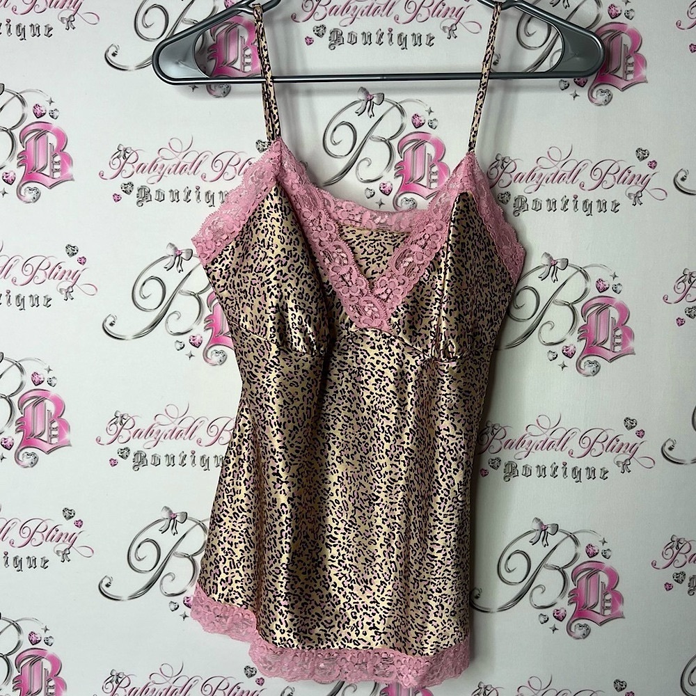 Tank top shiny lace y2k cheetah Leopard Print Cami with Pink Lace Trim